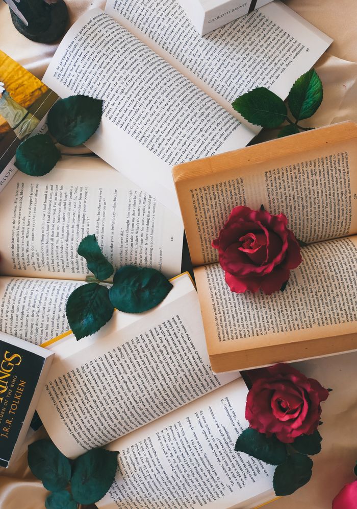 Aesthetic flat lay of open books with vibrant red roses and green leaves.