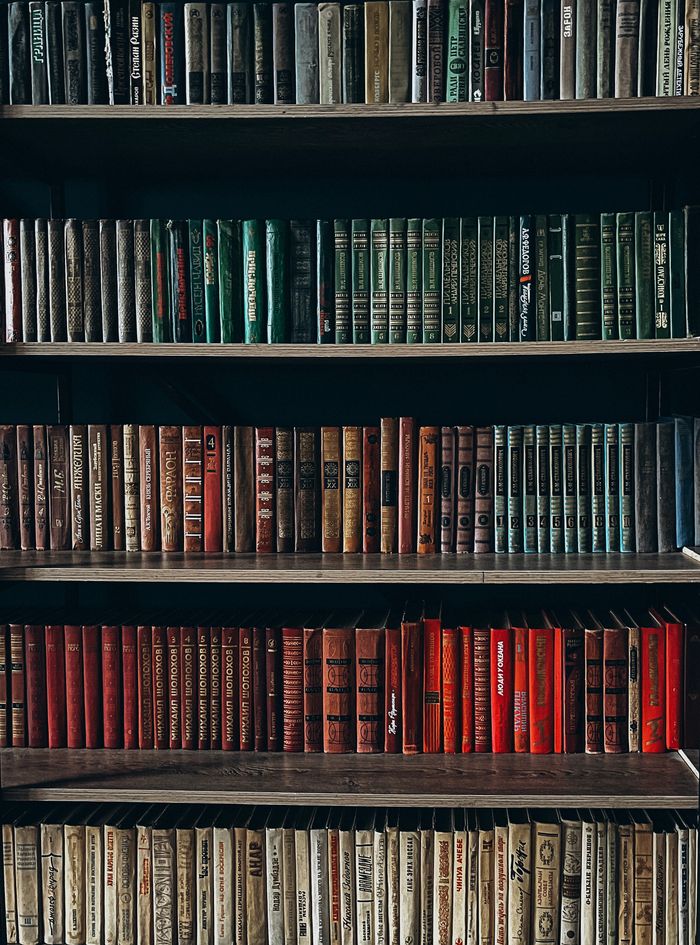 A vintage collection of diverse books neatly arranged on a wooden bookshelf.